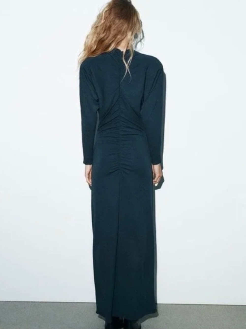 Zara Ruched Long Sleeve Maxi Dress High Neckline Petrol Blue Whimsigoth Large - Picture 3 of 11
